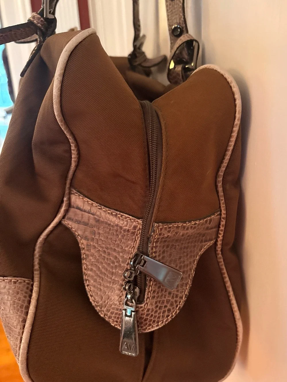 Vintage Adrienne Vittadini Brown Nylon Satchel Faux Croc Leather Duffel/Tote Bag
